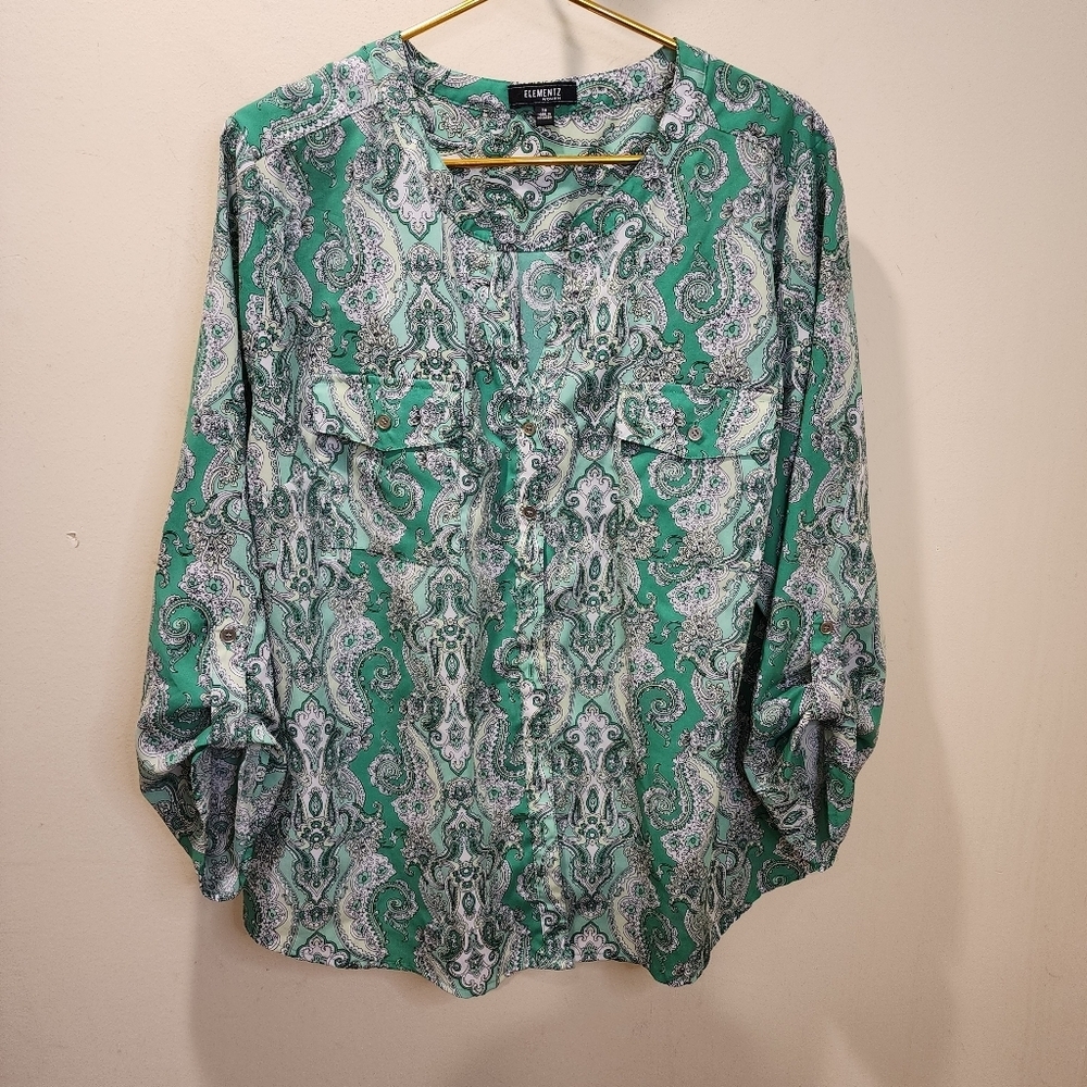 ELEMENTZ WOMAN Elegant Green Paisley Plus  Blouse 3X
